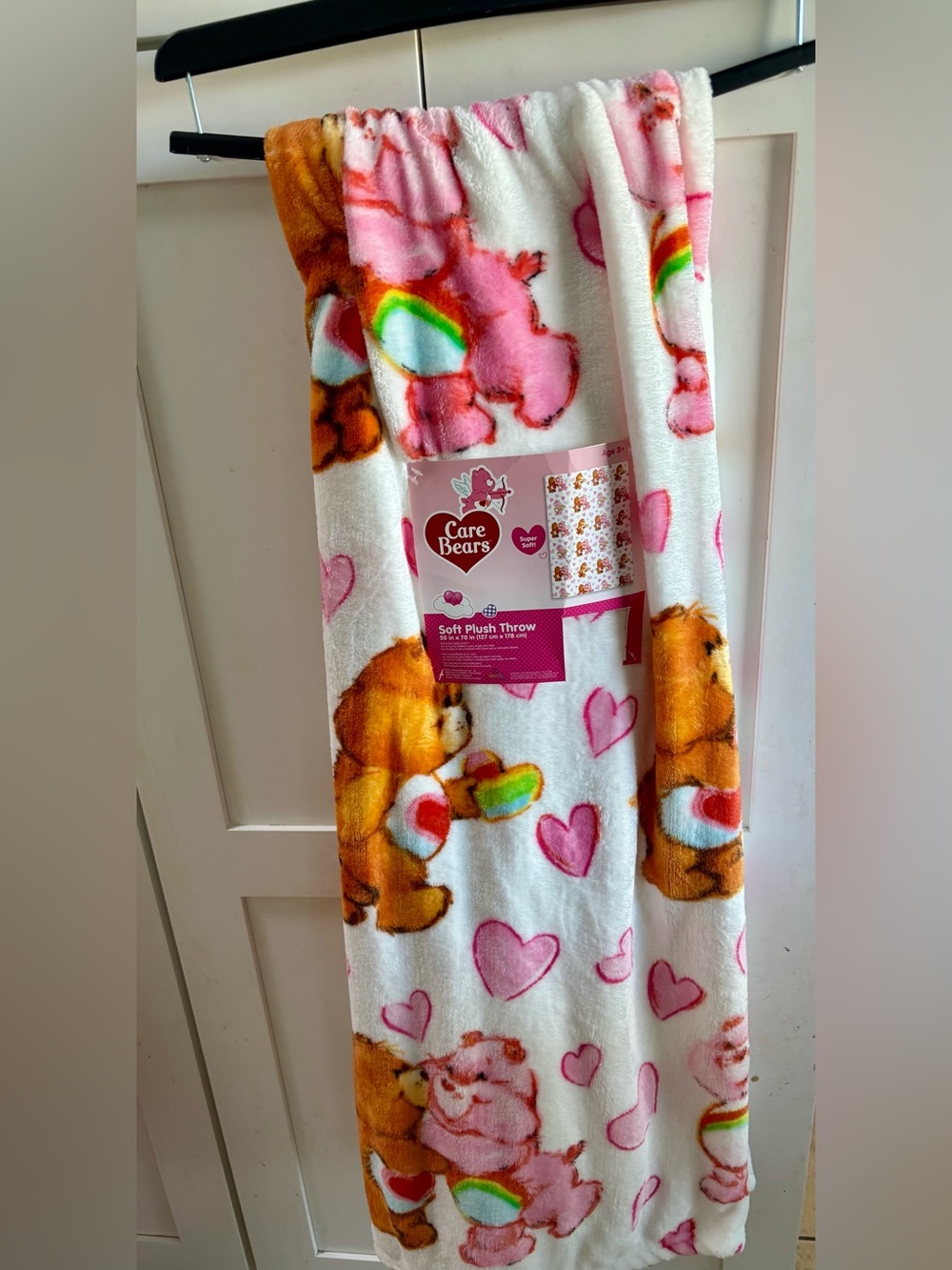 Care Bears Pink and White Plush Throw Blanket with Heart & Rainbow Motif
